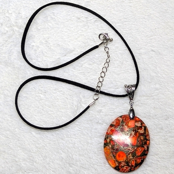Lovely Large Oval Painted Jasper Necklace/Pendant on Black Adustable Cord - Picture 2 of 10